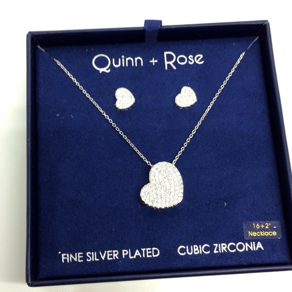 3/$30 QUINN + ROSE SILVER PLATE CZ ZIRCONIA NECKLACE EARRING SET HEART PENDANT - Picture 4 of 9